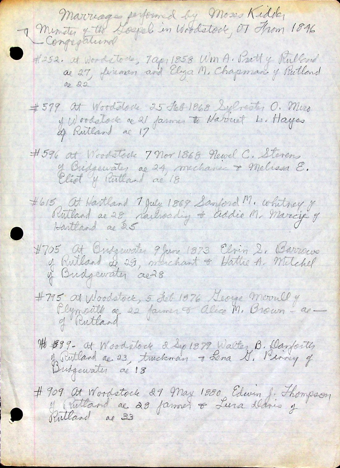 Marriages by Moses Kidder, Woodstock 1